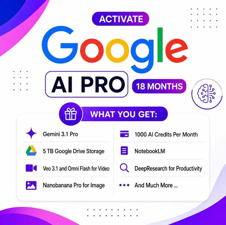Accès de 18 mois au forfait Gemini AI Pro