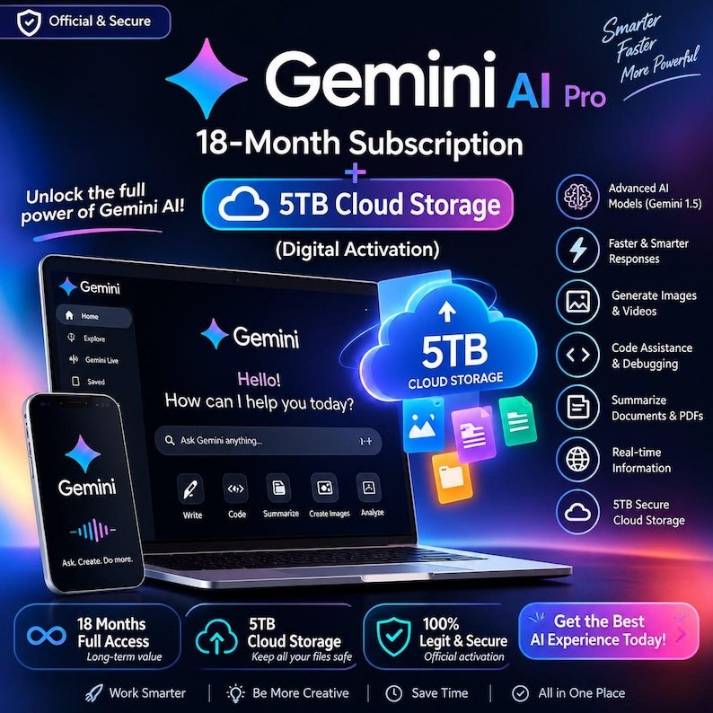 Abonnement Gemini AI Pro 18 mois + 5 To de stockage cloud | Activation numérique