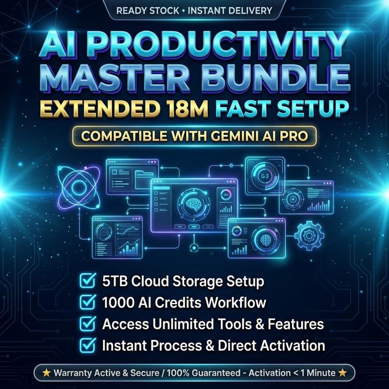 Pack complet de productivité IA ultime - Guide d'installation et de configuration rapide étendu à 18 mois. Compatible avec Gemini AI Pro et Digital Access.